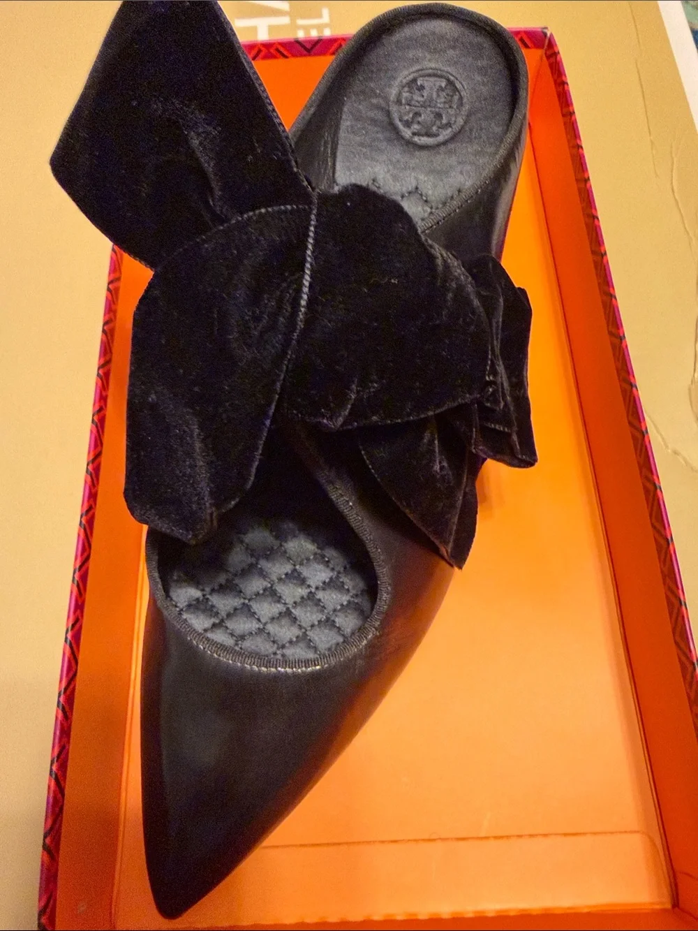 Tory Burch Black Pointed-Toe Velvet Bow Mules